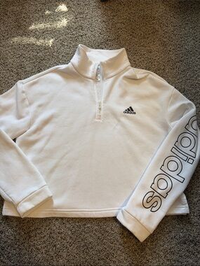 adidas White Kids Quarter-Zip Pullover with Logo Sleeve
